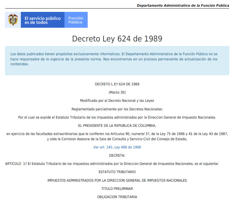 Decreto Ley 624 de 1989 Estatuto Tributario